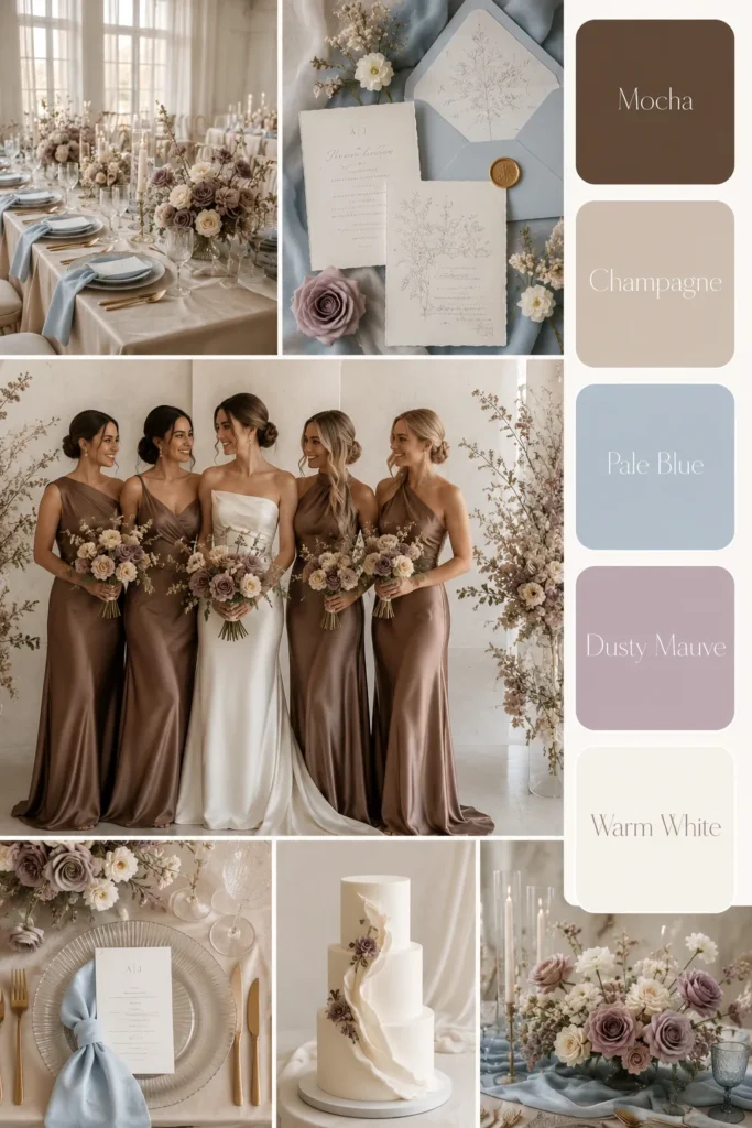 Elegant wedding color palette featuring mocha, champagne, pale blue, dusty mauve, and warm white shown through bridesmaids in brown dresses, neutral stationery, and floral arrangements