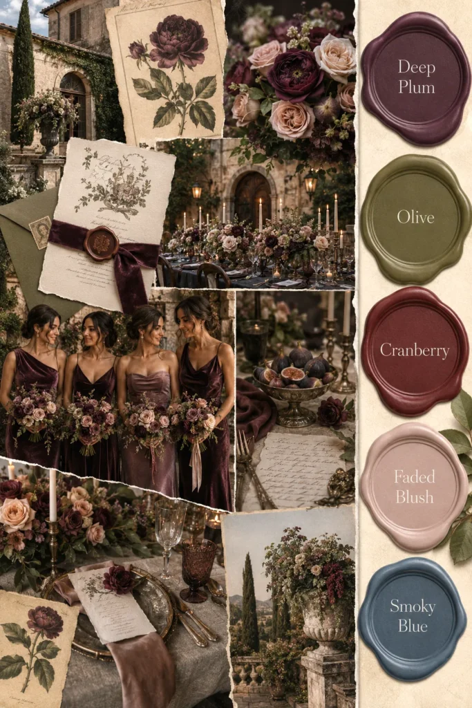 Elegant Tuscan wedding mood board with deep plum, olive, cranberry, faded blush and smoky blue paint swatches alongside vintage botanical prints, bridesmaids in burgundy dresses, and romantic candlelit tablescape