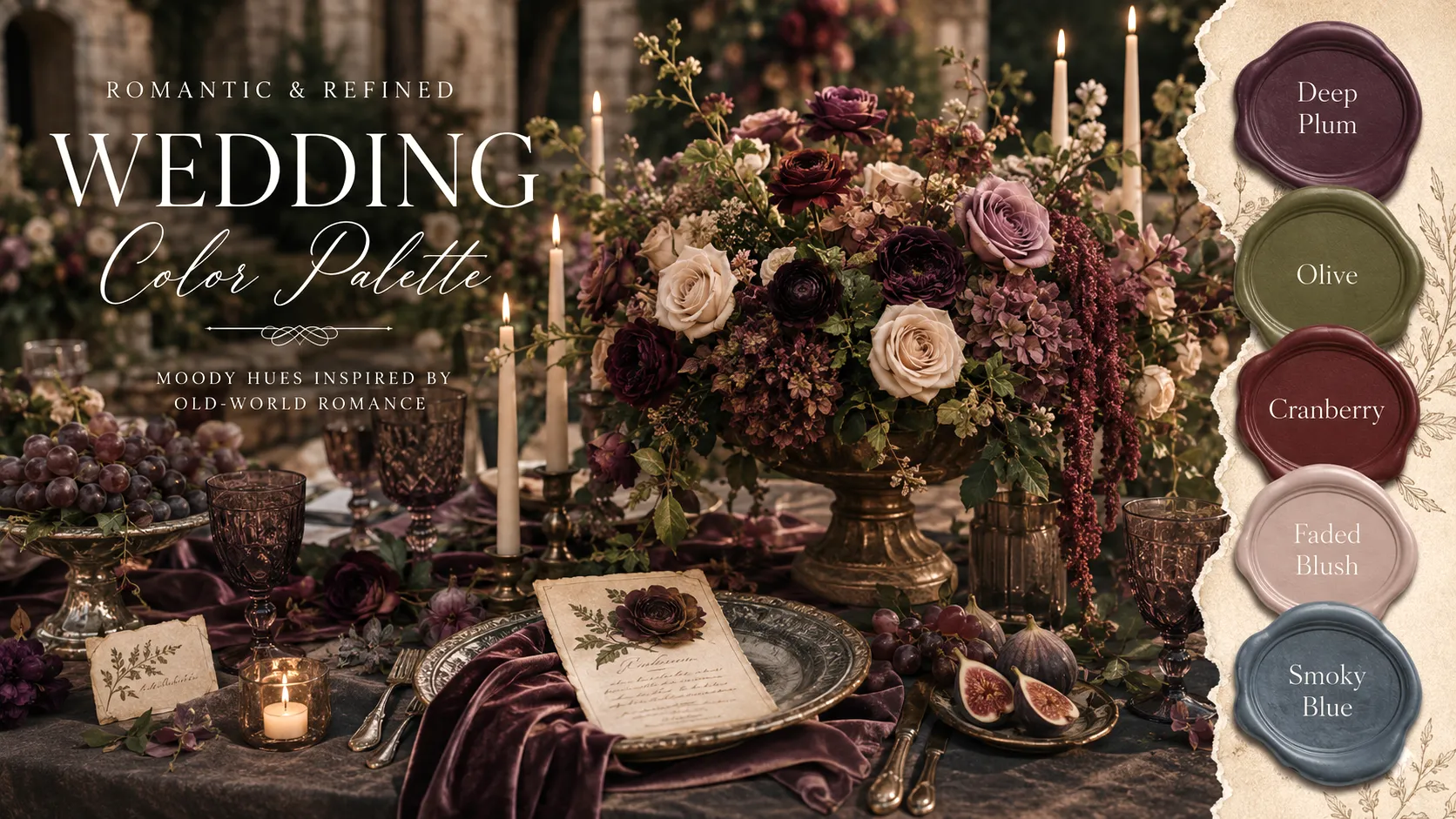 Elegant tablescape with deep plum roses, burgundy linens, and gold candlesticks displaying a romantic wedding color palette of plum, olive, cranberry, blush, and smoky blue