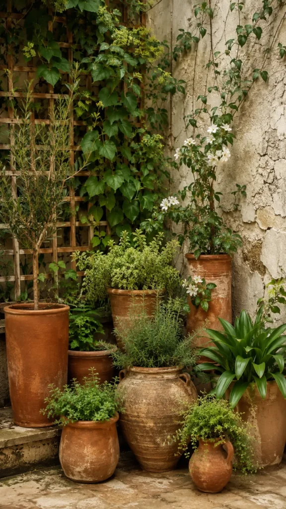 patio corner filled with mismatched terracotta planters of varying heights, trailing vines on a trellis, lush greenery covering a cracked concrete wall, warm natural light, botanical styling