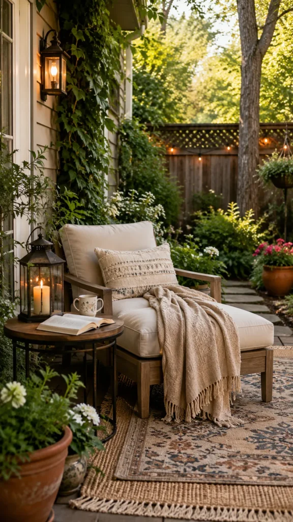 cozy outdoor chair, blanket, seating area