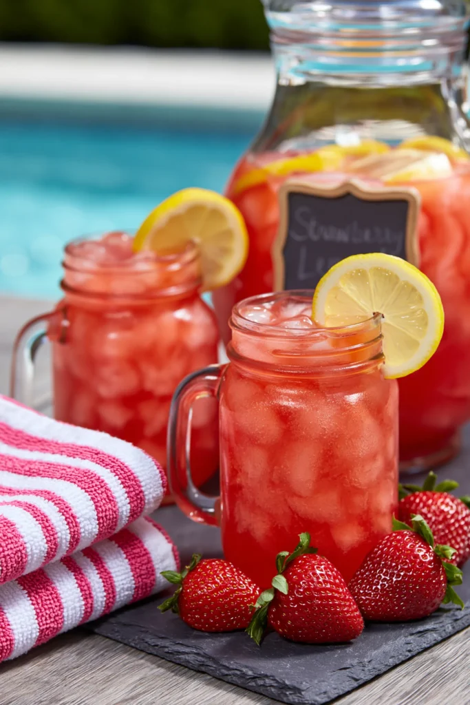 Pitcher and two mason jars of red strawberry lemonade with lemon slices and ice on a slate board, fresh strawberries nearby, striped towel, and blurred pool in background