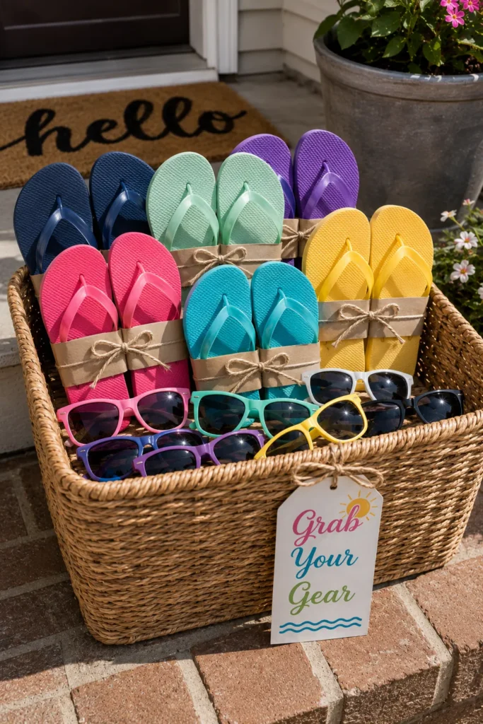 Woven basket filled with colorful flip-flops in navy, pink, mint, purple, turquoise, and yellow, paired with matching sunglasses, displayed on a porch with a "Grab your Gear" tag