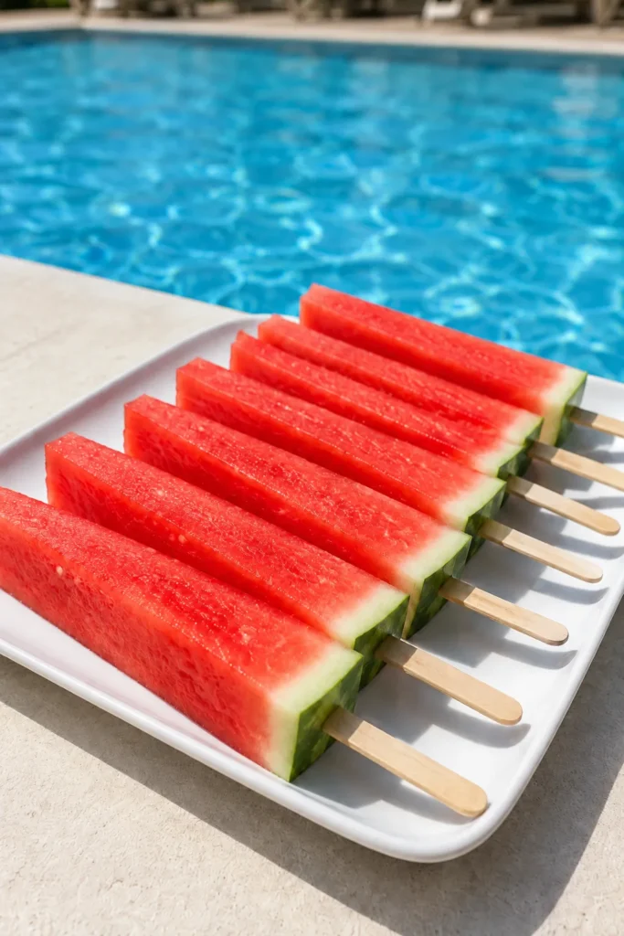 Watermelon popsicles on wooden sticks arranged on a white plate by a sparkling blue swimming pool