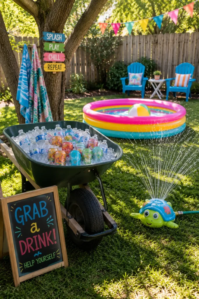 Colorful backyard pool party setup with inflatable rainbow pool, cooler of drinks, blue Adirondack chairs, and toy sprinkler on sunny grass under a large tree