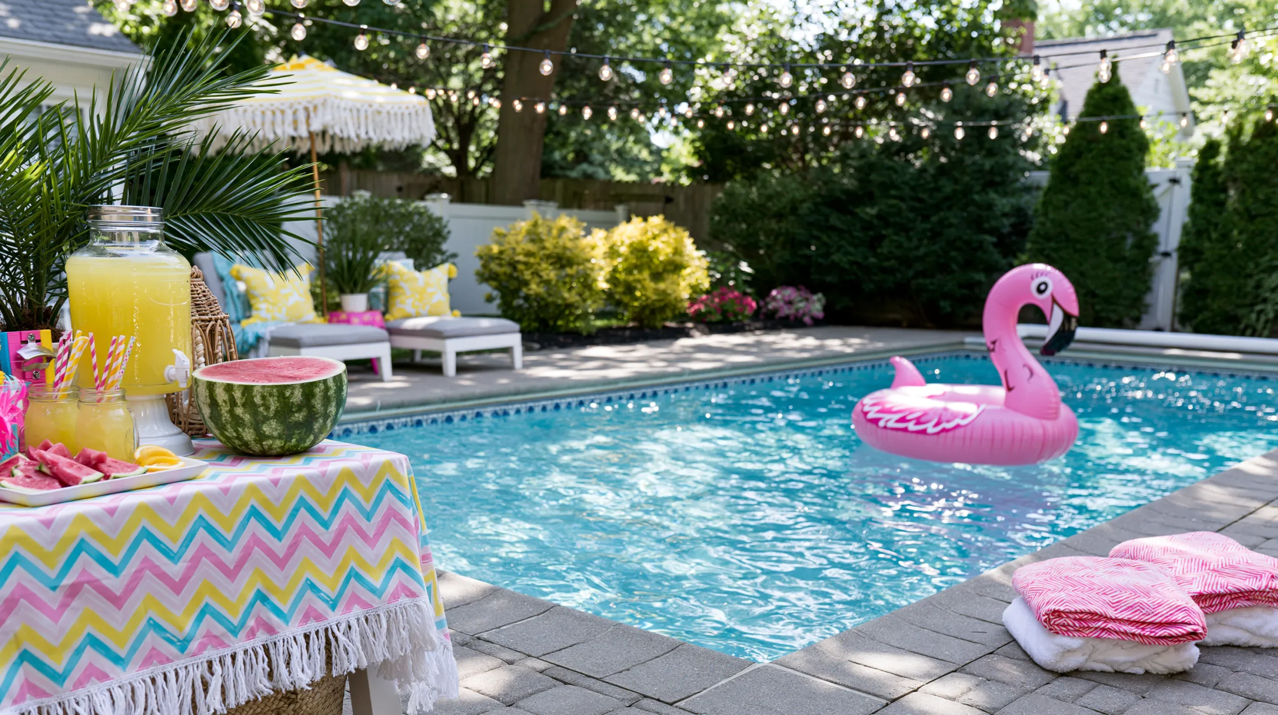 Colorful poolside setup with pink flamingo float, yellow beverages in a watermelon drink dispenser, chevron-patterned tablecloth, and coordinating decorations around a sparkling blue swimming pool