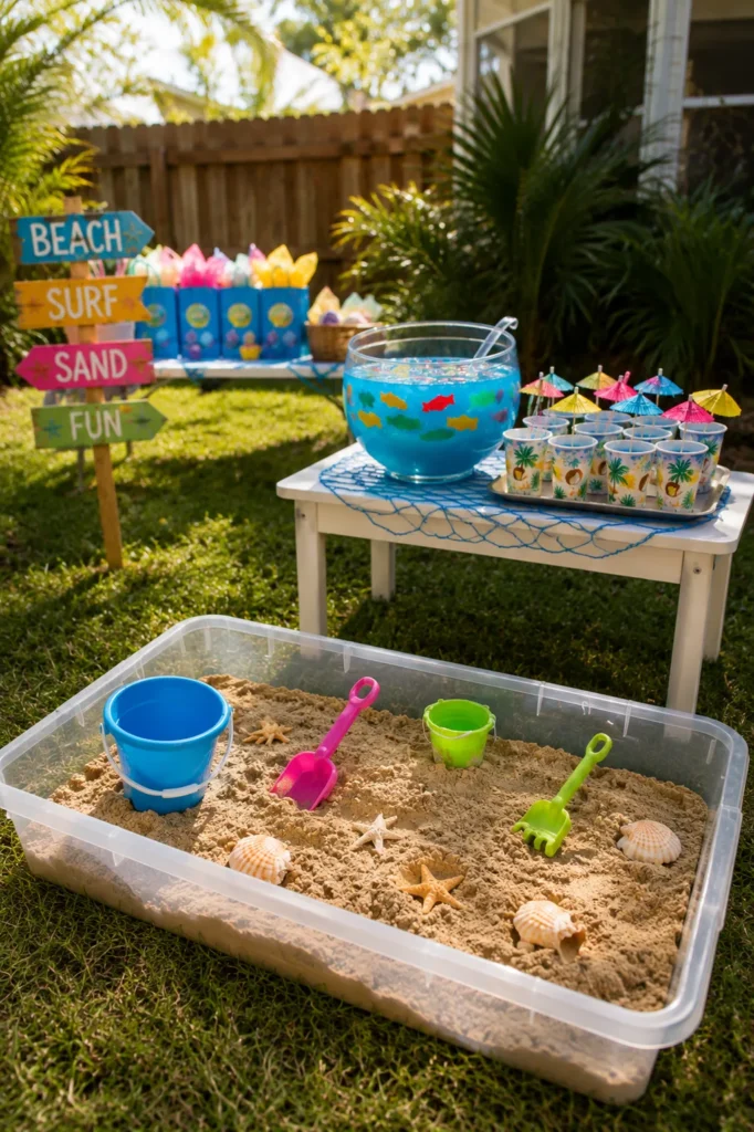 Backyard sandbox with colorful plastic shovels and shells, white table with blue punch bowl and tropical cups behind, colorful beach-themed directional sign in lush green yard