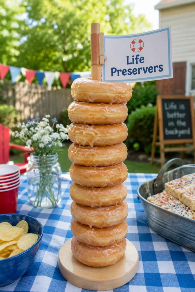 Stacked glazed donuts tower on a wooden stand with a "Life Preservers" sign at a backyard pool party table with blue checkered tablecloth