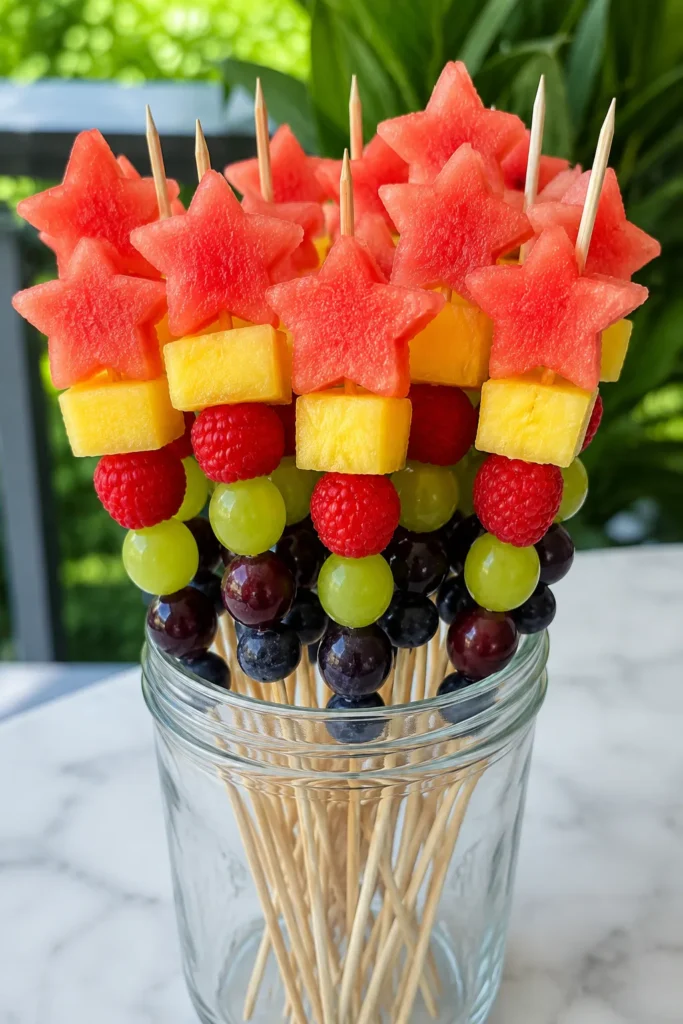 Colorful fruit skewers in a glass with watermelon stars, pineapple chunks, raspberries, grapes, and blueberries arranged on wooden picks