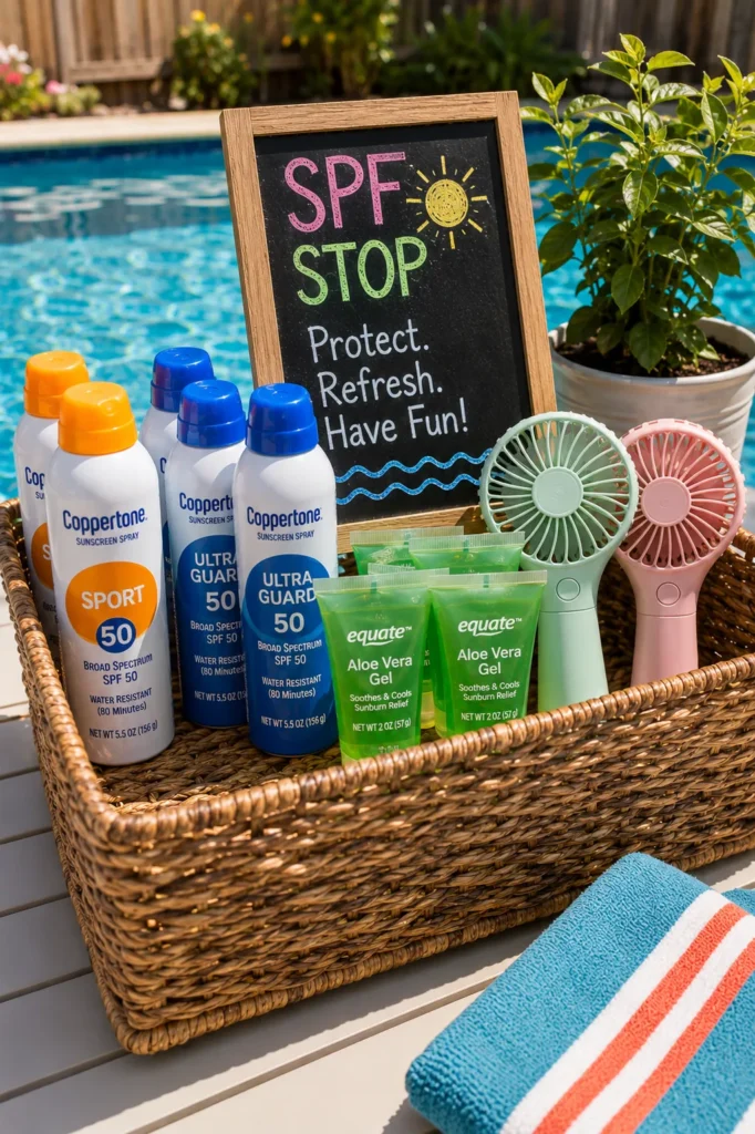 Wicker basket poolside filled with sunscreen bottles, aloe vera gel, and mini fans next to a chalkboard sign reading "SPF Stop Protect Refresh Have Fun