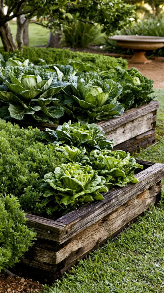 Weathered wooden raised garden beds filled with leafy greens and herbs, surrounded by lush lawn in a sunlit garden setting