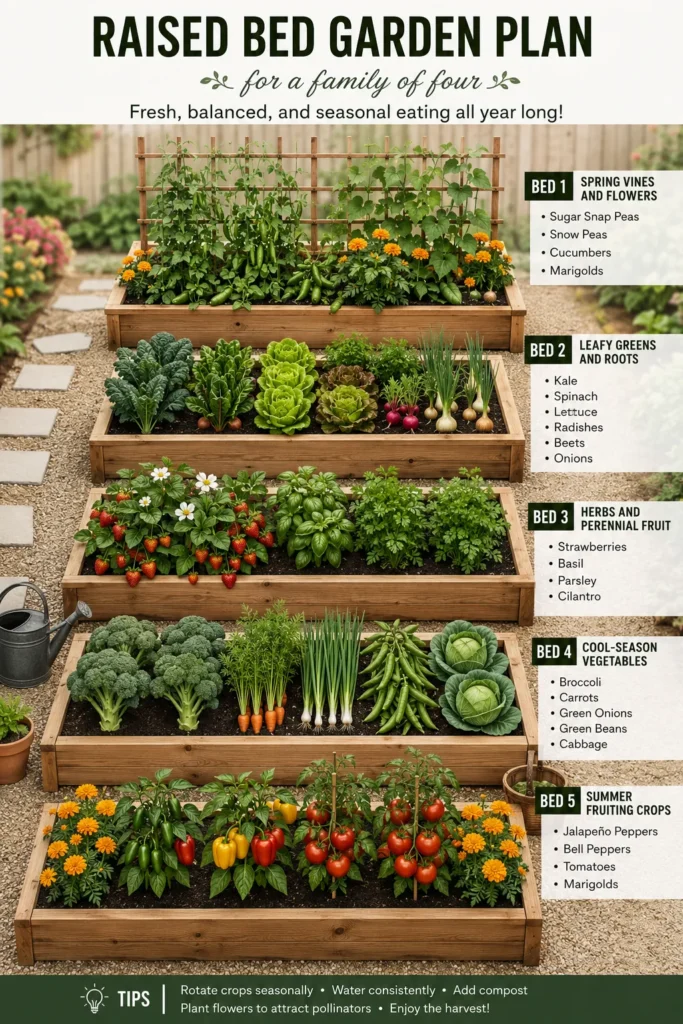 Five wooden raised garden beds stacked vertically, each containing different vegetables and herbs including tomatoes, peppers, leafy greens, strawberries, and spring vines with yellow marigold flowers