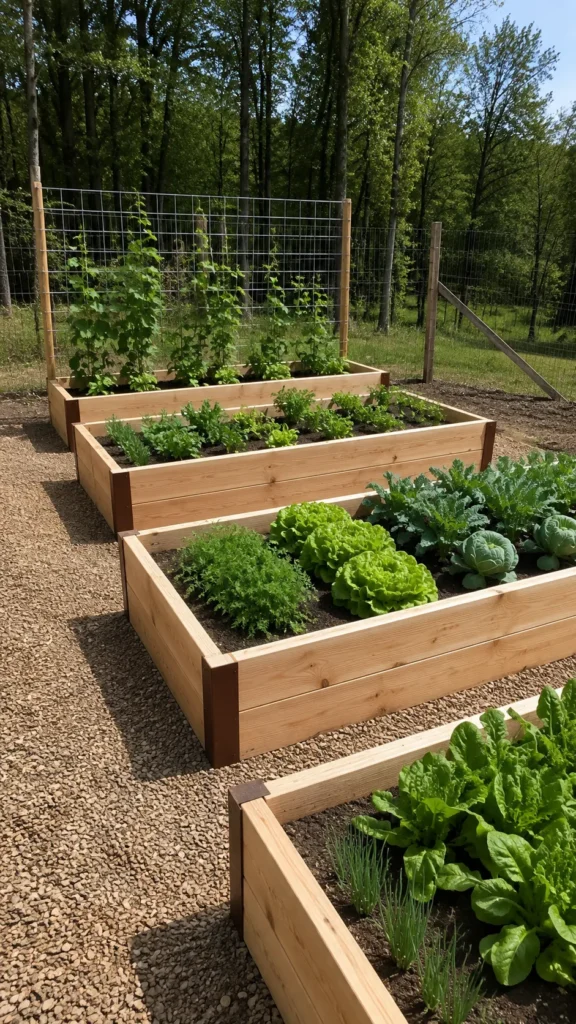 Wooden raised garden beds filled with leafy greens and vegetables, with trellis climbing plants in background and forest tree line beyond