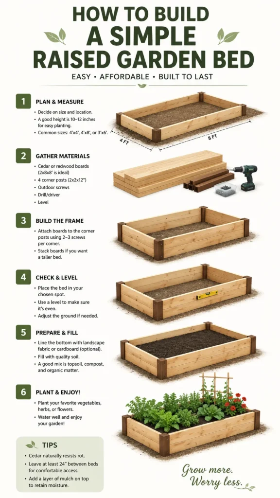Step-by-step illustration showing construction of wooden raised garden bed from empty frame to planted with vegetables and flowers