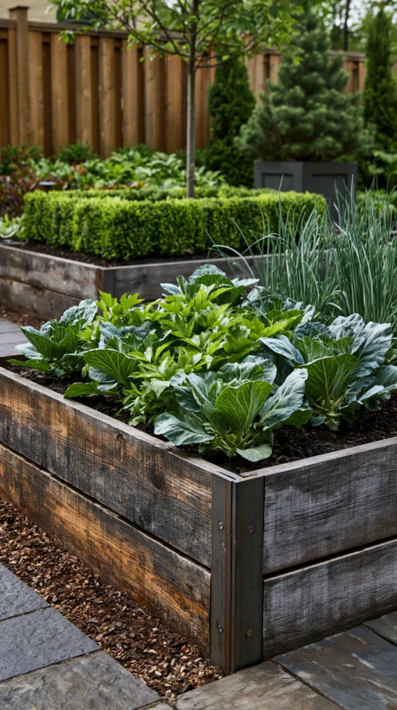 Wooden raised garden bed filled with leafy green vegetables and ornamental grasses in a modern backyard landscape