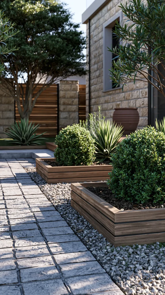 Wooden raised garden beds with shrubs and yucca plants line a paved courtyard beside a modern stone home with wooden gate