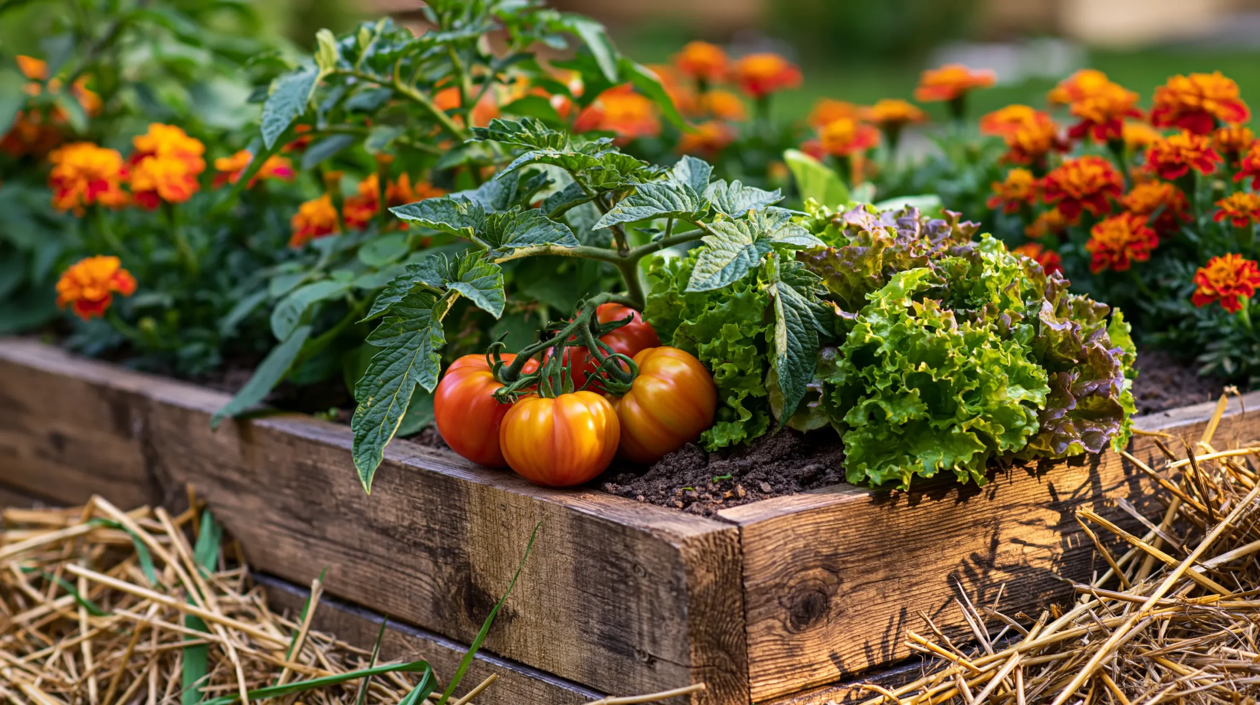 Wooden raised garden bed with ripe tomatoes, leafy lettuce, and bright orange marigolds in the background