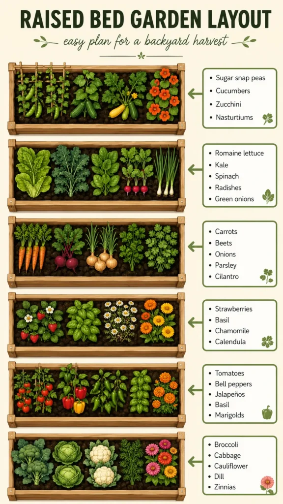 Six stacked wooden raised garden beds filled with colorful vegetables, herbs, and flowers labeled with plant names for a backyard garden layout