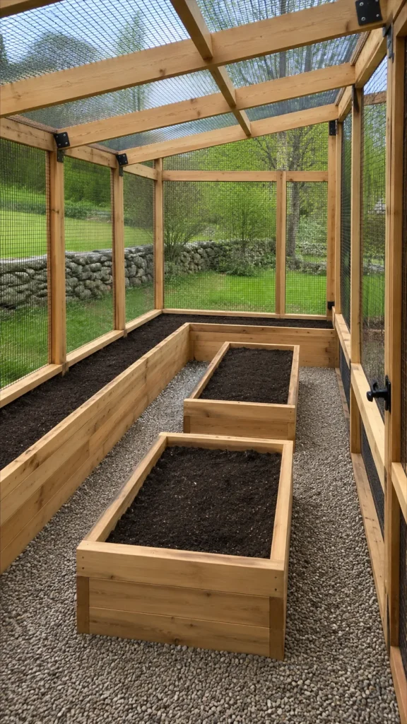 Wooden raised garden beds filled with dark soil inside a timber frame greenhouse with mesh walls and green yard visible outside