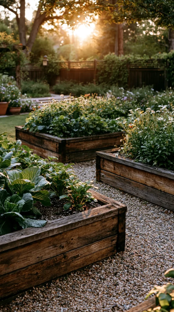 Wooden raised garden beds filled with vegetables and flowering plants at golden hour sunset, with gravel pathways and wooden fence in background
