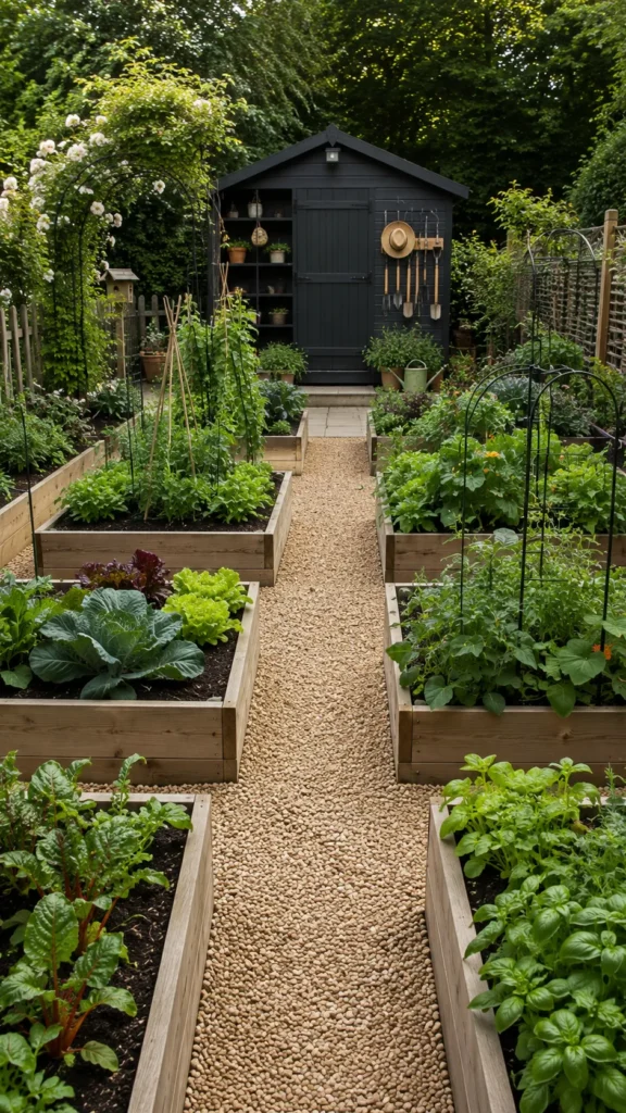 Black garden shed at the end of a gravel pathway lined with wooden raised garden beds full of vegetables and green plants