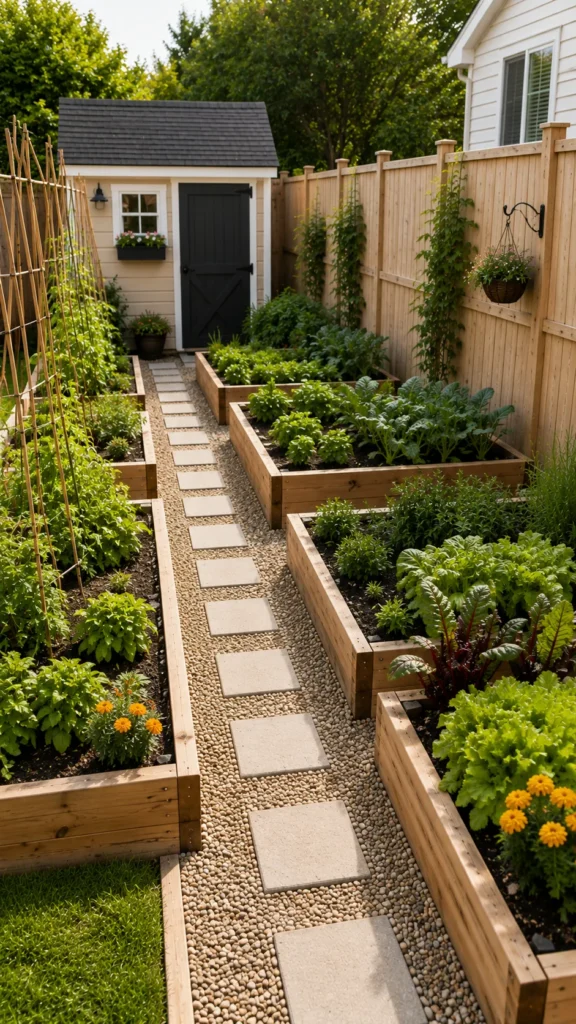 Narrow backyard with wooden raised garden beds filled with vegetables and flowers, stone pathways, and a small shed with black door surrounded by tall wooden fence and climbing vines