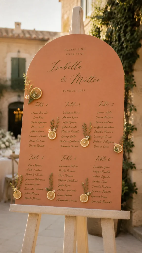 Terracotta arch-shaped seating chart with dried lemons and greenery, listing guest names by table for Isabella and Matteo's June wedding