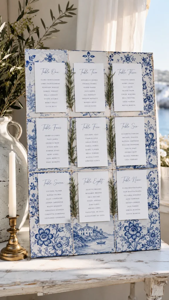 Blue and white floral seating chart display with nine table assignments decorated with greenery sprigs, brass candle holder, and coastal view visible through window