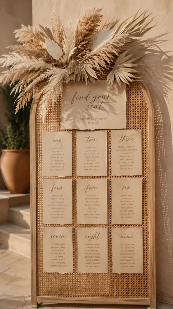 Wooden seating chart with rattan backing and numbered table cards topped with dried pampas grass and wheat, casting shadows on a beige wall
