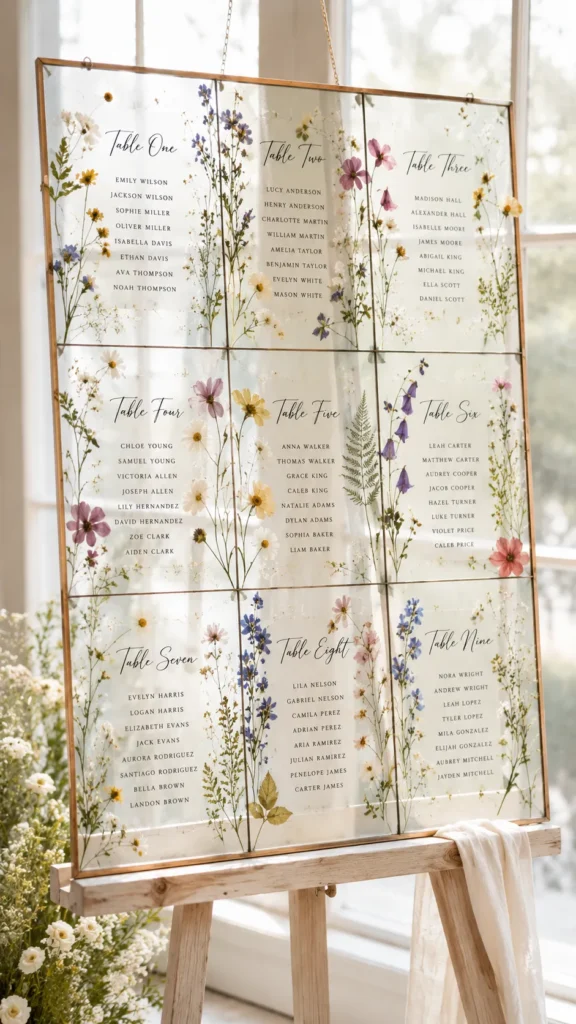 Wooden-framed glass seating chart with nine panels displaying table assignments alongside dried flowers in pink, purple, and yellow tones