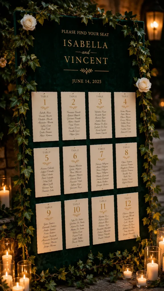 Dark green seating chart board decorated with ivory roses and greenery garland, displaying cream-colored table cards with gold text for Isabella and Vincent's June 14, 2025 wedding, surrounded by lit candles