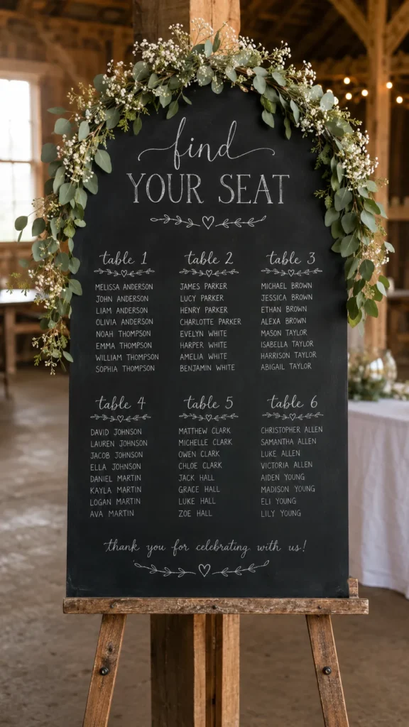 Black chalkboard seating chart sign decorated with eucalyptus and baby's breath garland, listing guest names by table in rustic barn setting