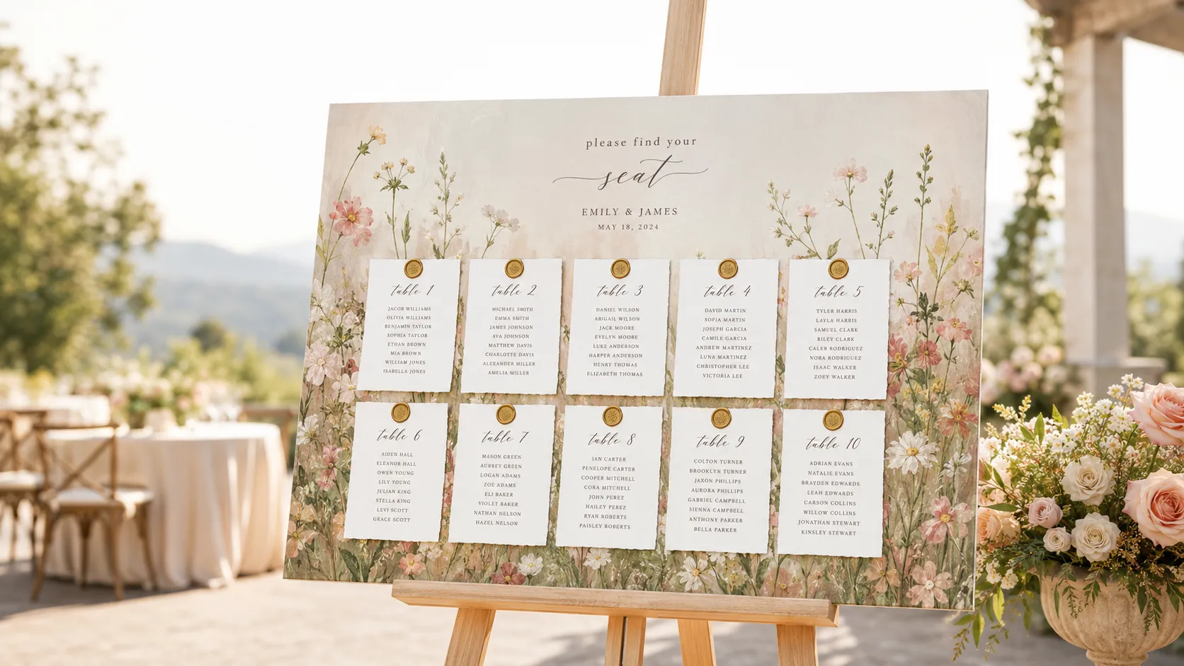 Elegant wedding seating chart displayed on wooden easel with pressed flower design, ten numbered table assignments, and gold accents in outdoor garden setting