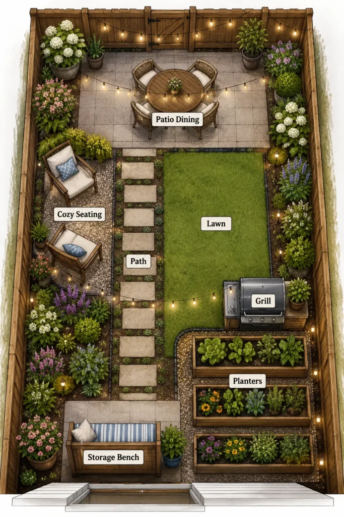 Overhead view of a small backyard layout with dining table, lounge chairs, central lawn, raised planters, grill, and string lights surrounded by colorful flowering plants