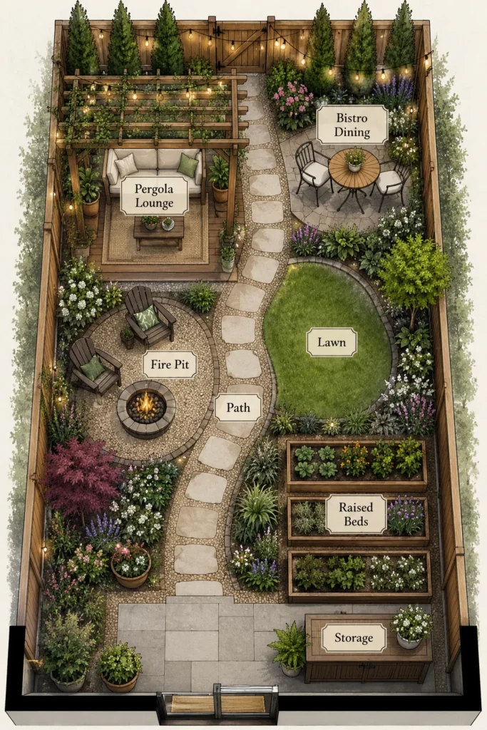 Overhead view of a small backyard layout with pergola lounge, bistro dining, fire pit, lawn, raised beds, and pathways lined with greenery and flowers