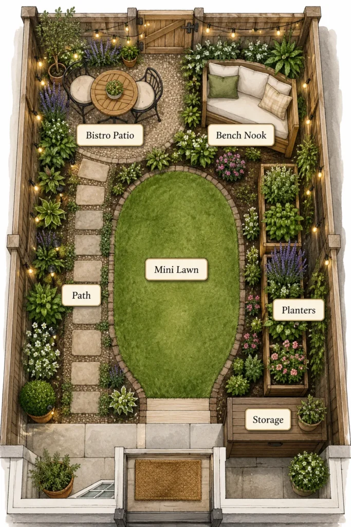 Overhead view of a small backyard layout with bistro patio, bench nook, central mini lawn, stone path, and planted borders with string lights