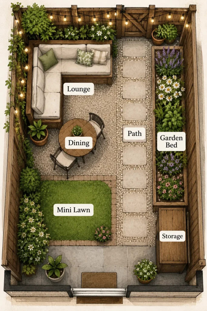 Overhead view of a small backyard layout with beige lounge seating, round dining table, green lawn, raised garden bed with flowers, and string lights along wooden fence