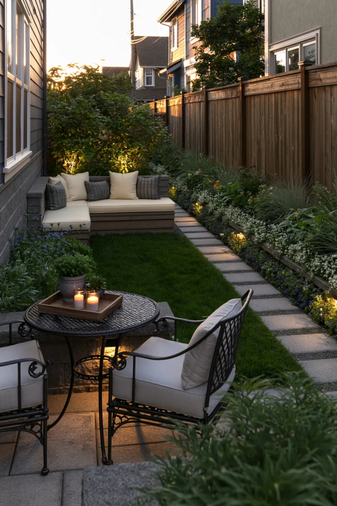Narrow backyard with seating areas at golden hour, featuring a metal bistro table with candles in foreground, stone pathway, lush greenery, and built-in bench with cushions under wooden fence