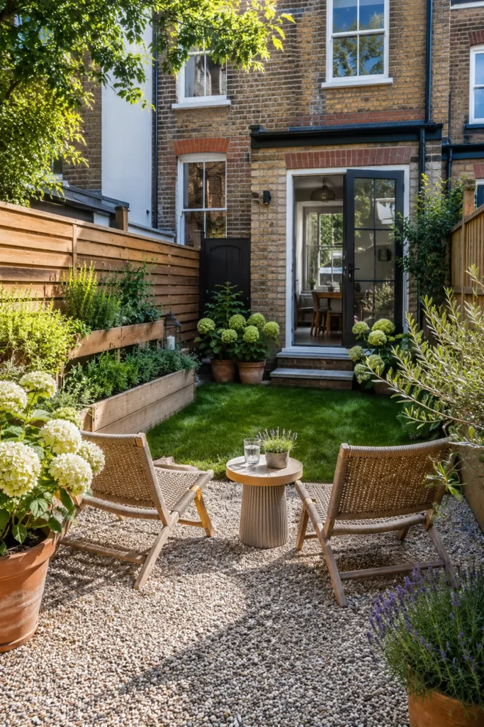 Contemporary small garden with woven lounge chairs around wooden table on gravel patio, lush green lawn, raised planting beds, and brick townhouse with black frame glass doors