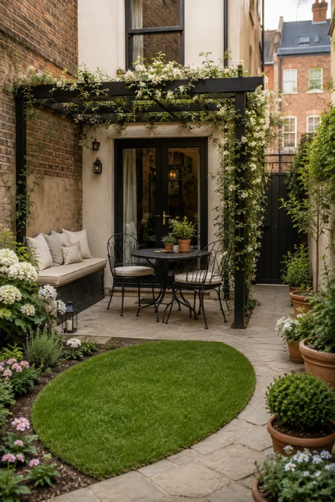 Contemporary small backyard with ivy-covered black pergola, dining table, built-in bench seating, oval lawn, and flowering plants in terracotta pots