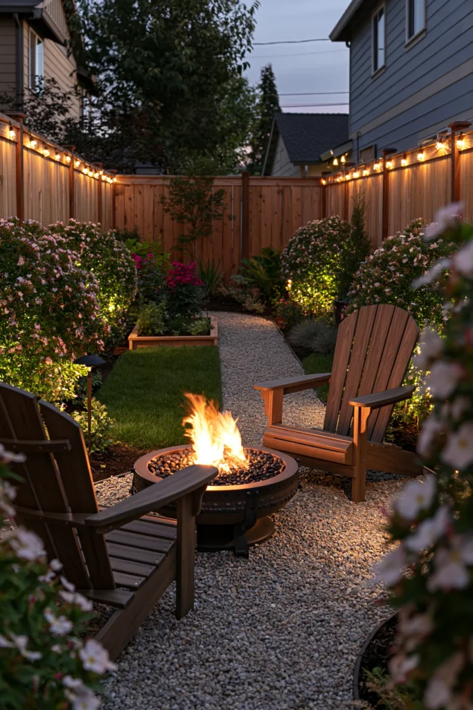 Cozy backyard patio at dusk with fire pit, Adirondack chairs, flowering shrubs, string lights along wooden fences, and gravel pathways between houses