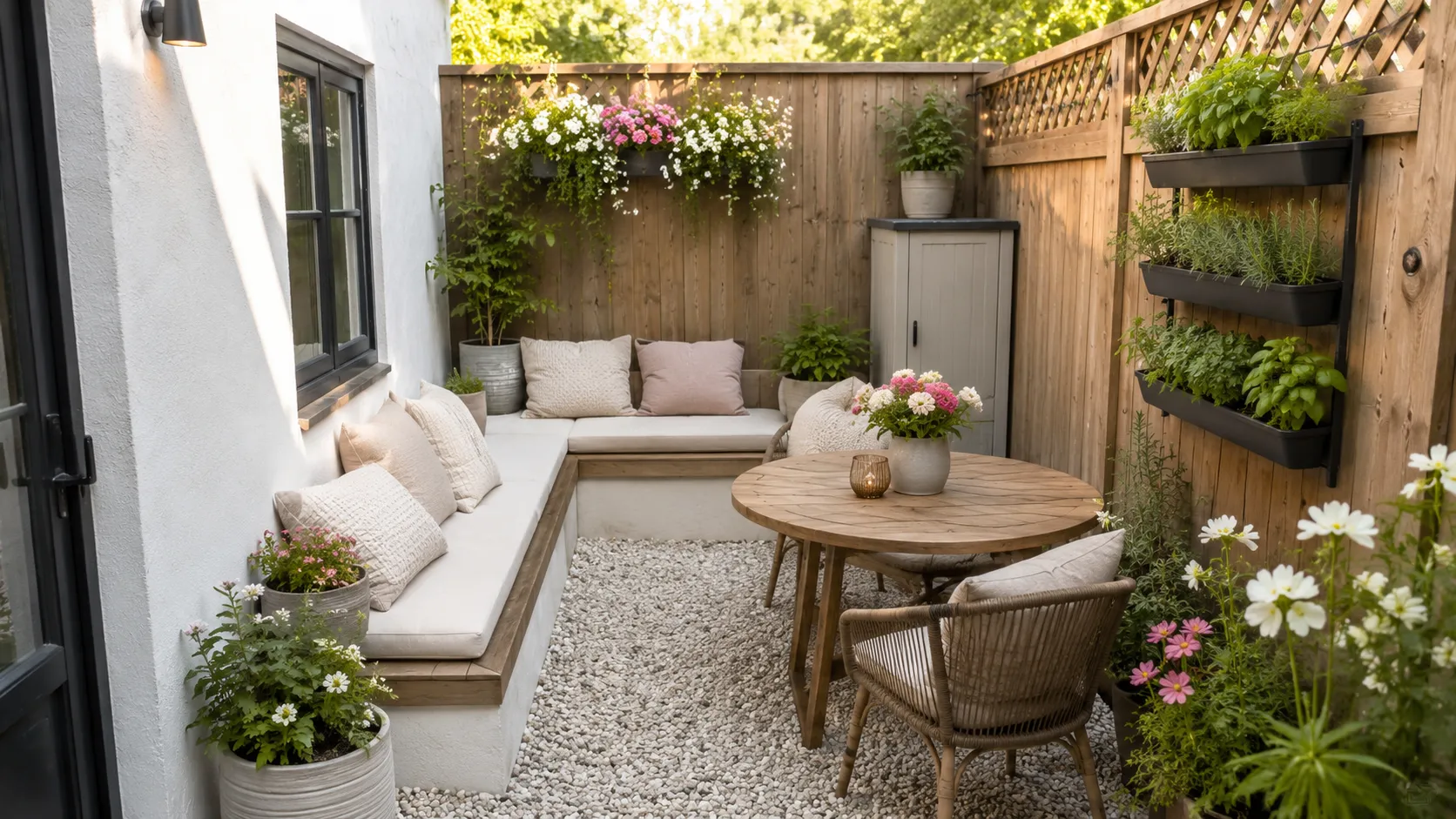 Compact backyard with built-in seating along wooden fence, wooden dining table, hanging baskets of pink and white flowers, vertical plant shelves, and potted plants creating a cozy outdoor living space