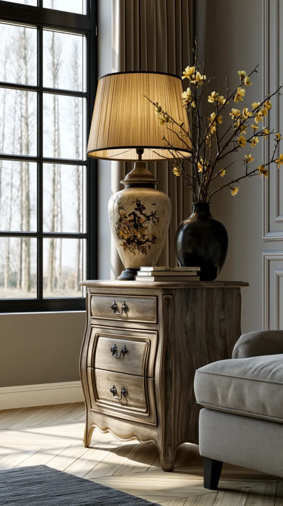 Vintage wooden nightstand with ceramic lamp and black vase of yellow branches beside a gray armchair near large windows