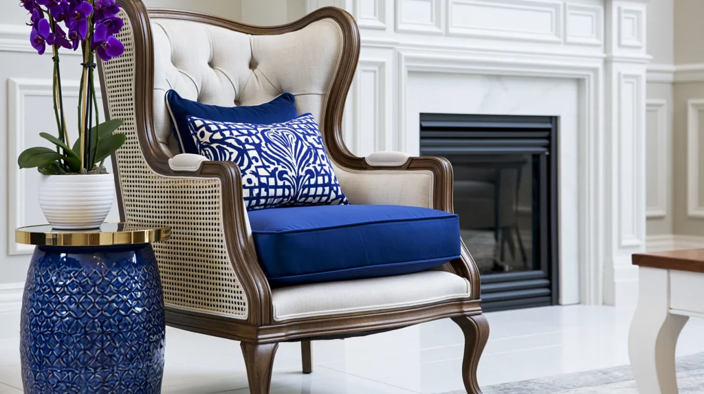 Elegant wingback chair with cream upholstery and rattan sides styled with cobalt blue cushions and patterned pillows, next to a blue ceramic side table holding purple orchids
