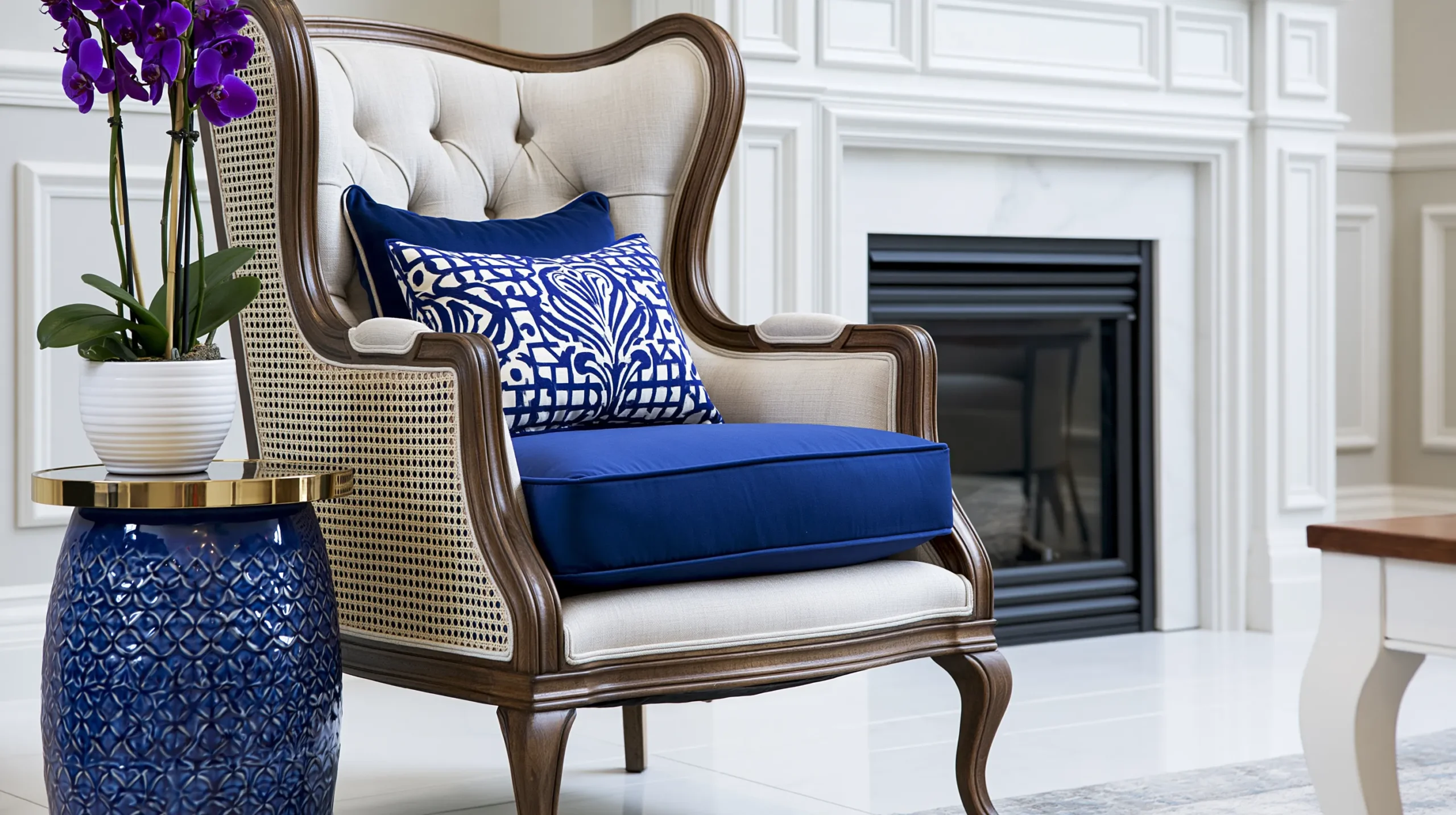 Elegant wingback chair with cream upholstery and rattan sides styled with cobalt blue cushions and patterned pillows, next to a blue ceramic side table holding purple orchids