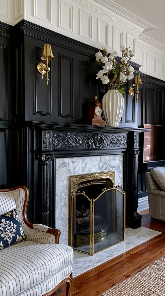 Elegant black fireplace with marble surround and brass accents, topped with white floral arrangement and gold sconces in classic living room