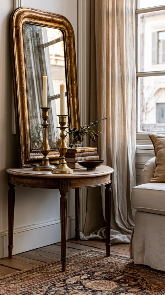 Ornate gold-framed mirror above a round wooden console table styled with brass candlesticks, books, and greenery near tall windows with cream curtains