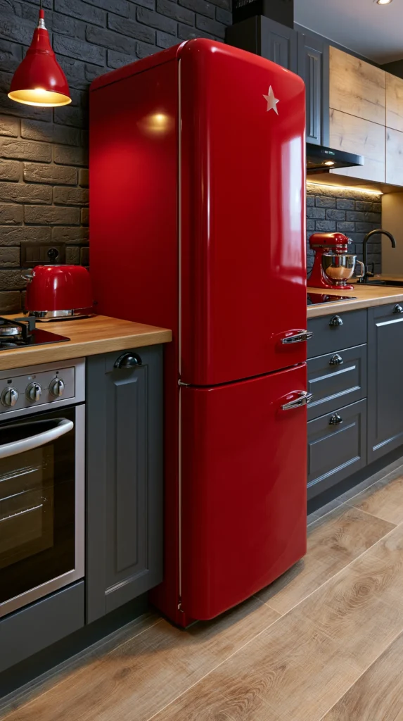 Retro red refrigerator with white star detail in modern kitchen with dark cabinets and wood countertops