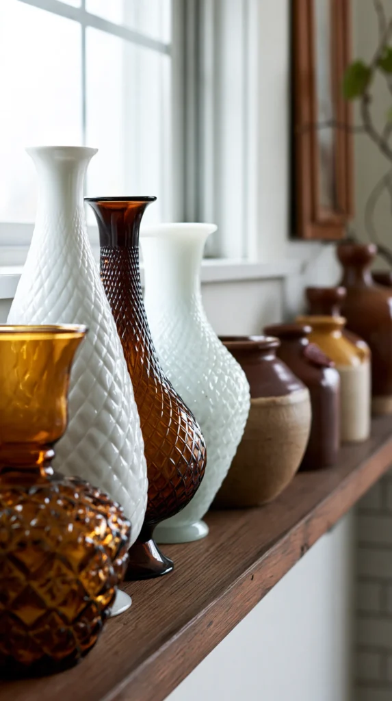 Row of decorative vases in white, amber, and dark brown glass displayed on wooden windowsill with natural light from behind