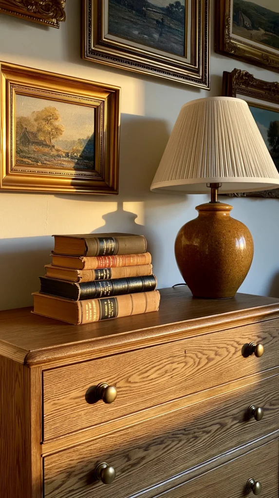 Wooden dresser styled with stacked vintage books, a brass urn lamp with pleated shade, and framed landscape paintings on wall above